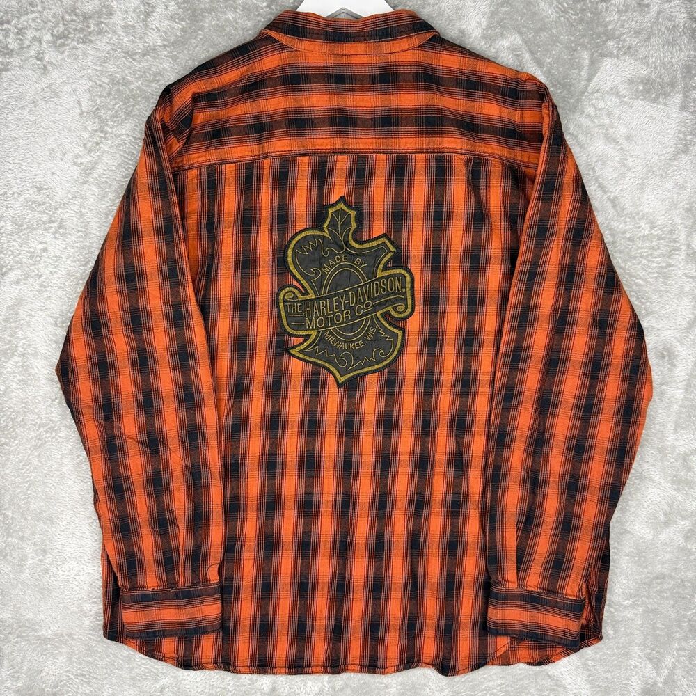 Harley Davidson Shirt Mens 3XL Orange Black Plaid Button Up Heavyweight Motor Co